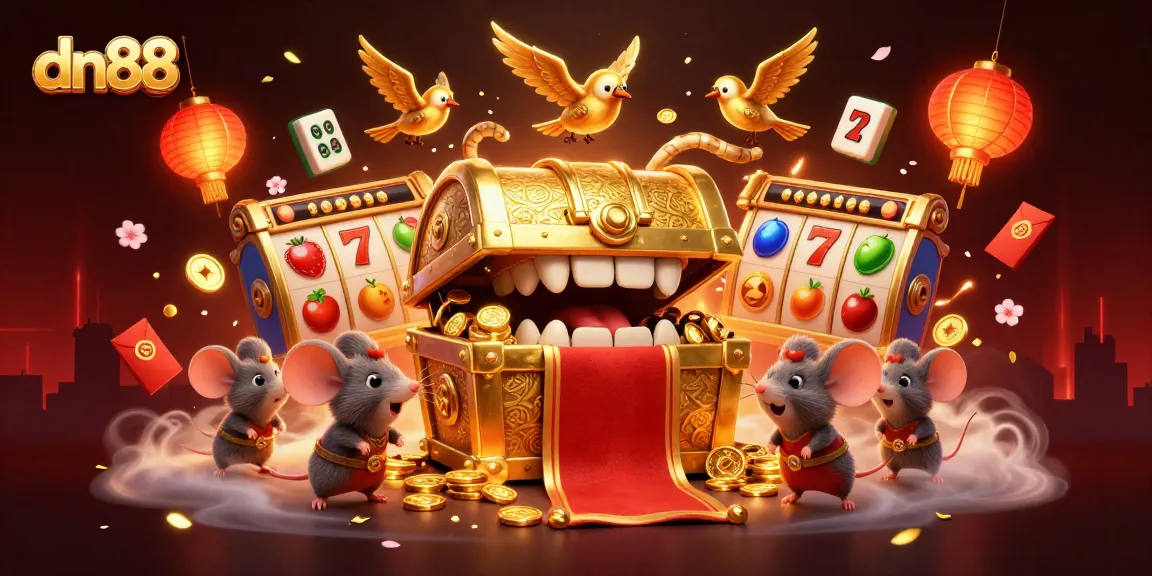 Engage with dn88's thrilling slot jackpots and treasures in this vibrant 3D digital illustration.