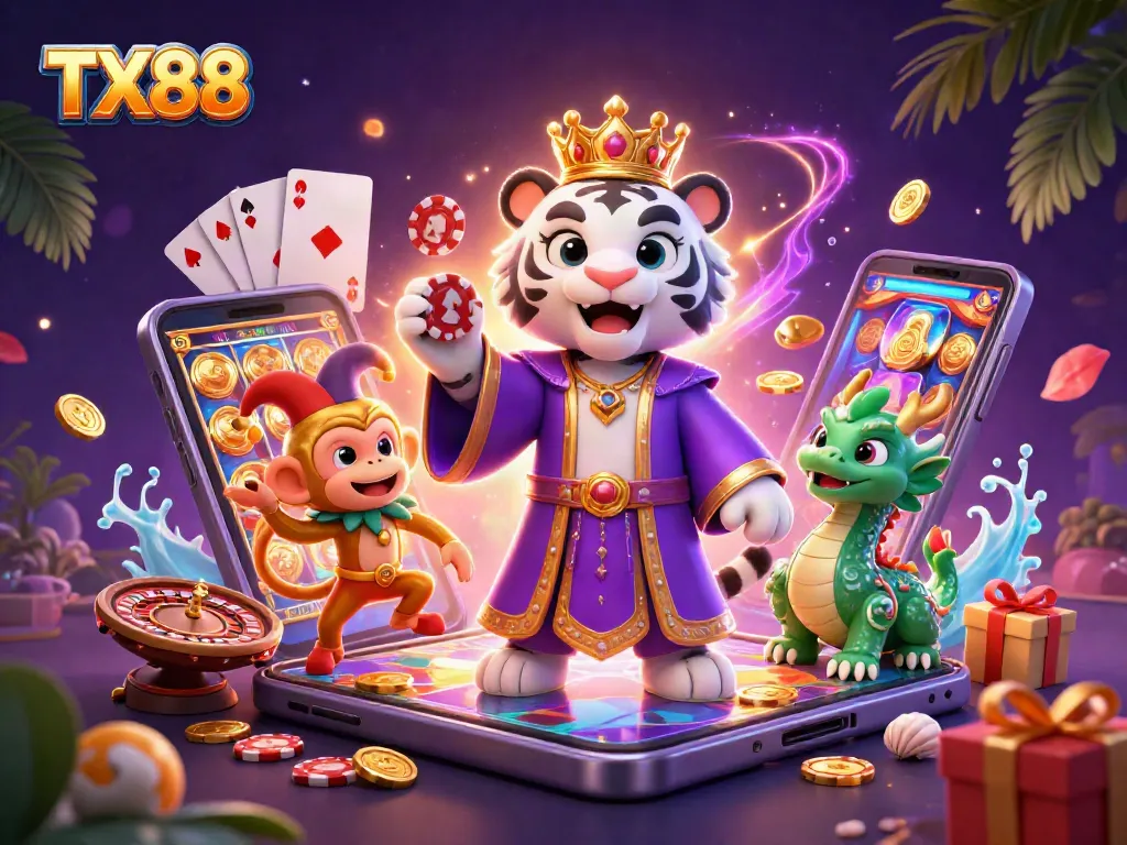 Experience TX88 gaming excitement with a majestic tiger, monkey, and magical dragon in this vibrant 3D scene.