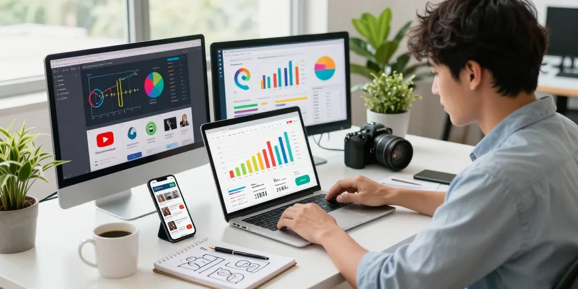 YouTube Views kaufen: Professioneller digitaler Arbeitsplatz mit Analyse von Engagement-Daten.
