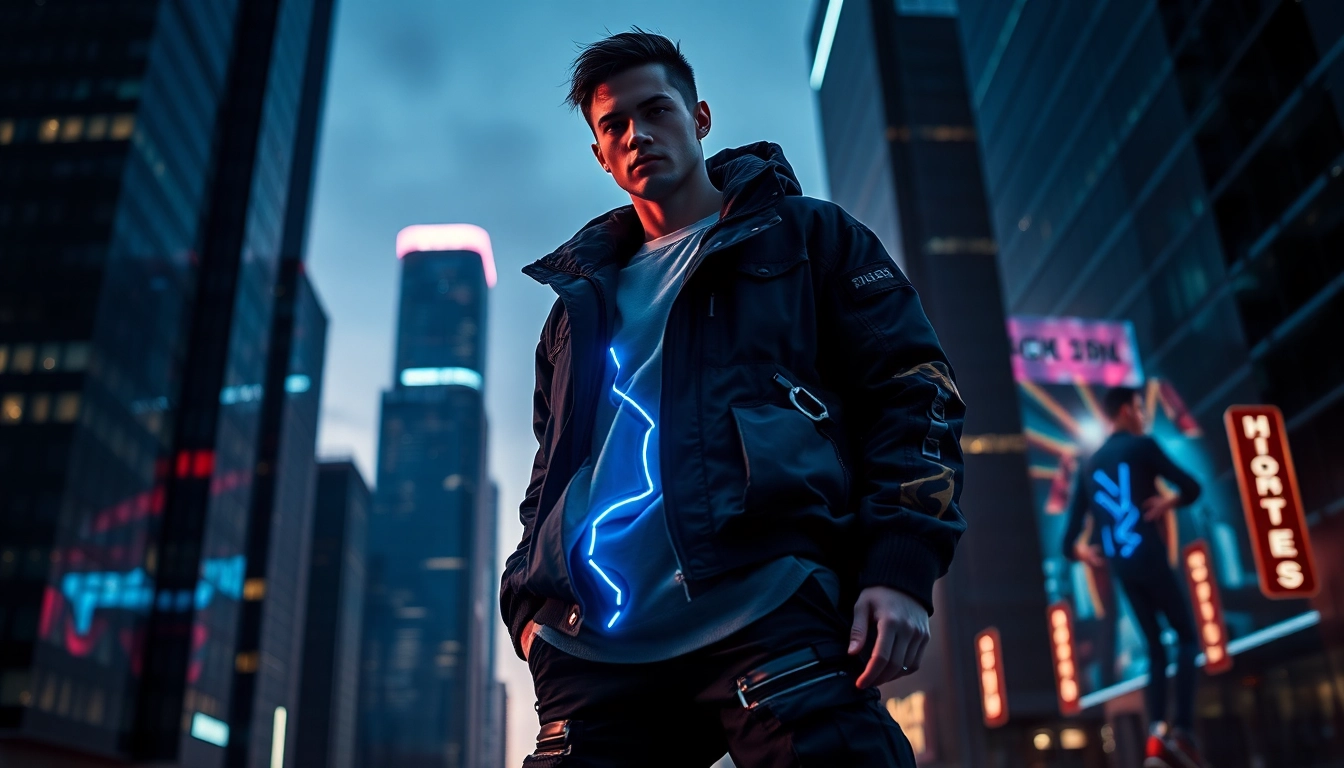 Modell zeigt techwear in urbaner Umgebung, stilvoll und modern.