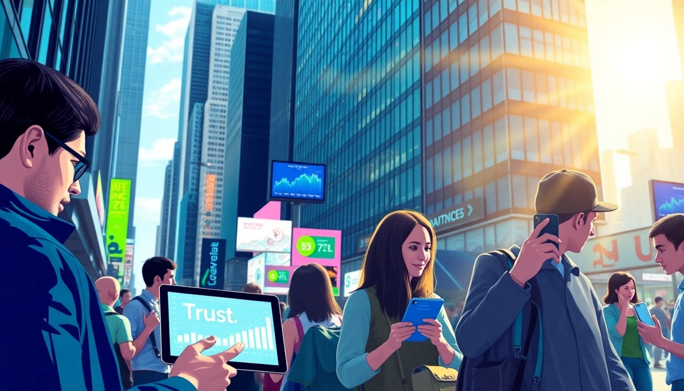 actualité DeFi mélange visibilité et finance dans une métropole dynamique avec des individus interactifs.