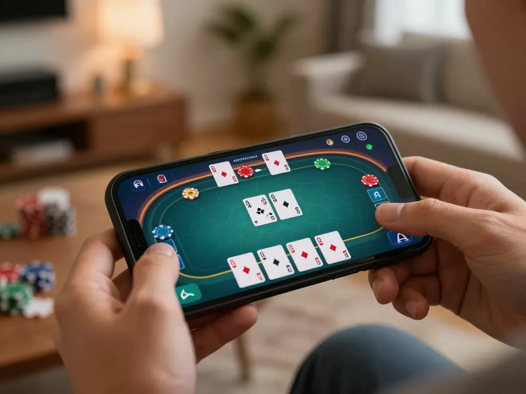 Engaging online poker gameplay on New88 com smartphone, showcasing cards and chips for strategic betting.