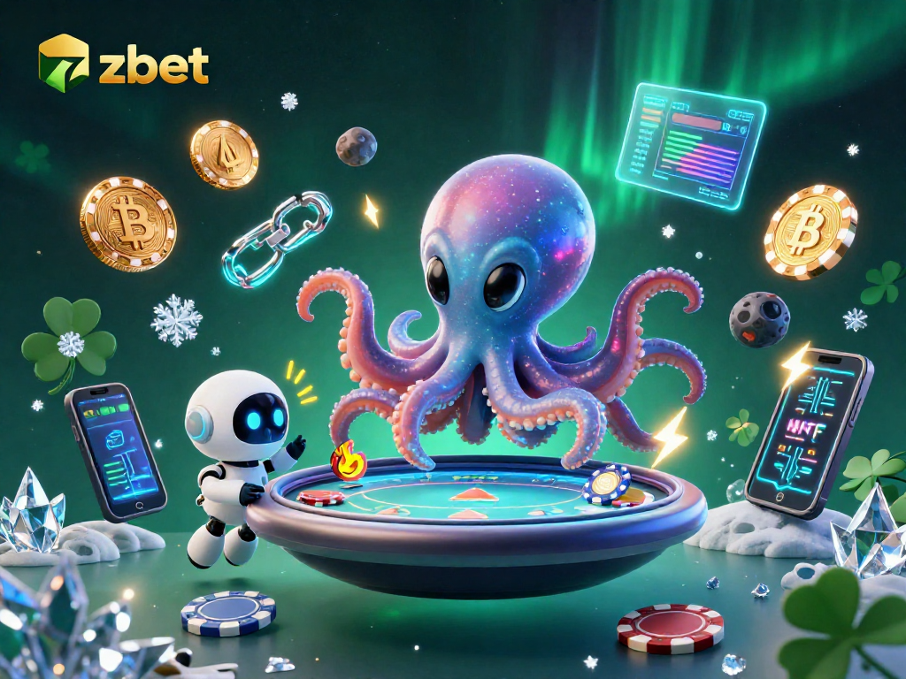 Engage with zbet in a vibrant 3D alien-themed poker game scene featuring interactive elements and crypto coins.