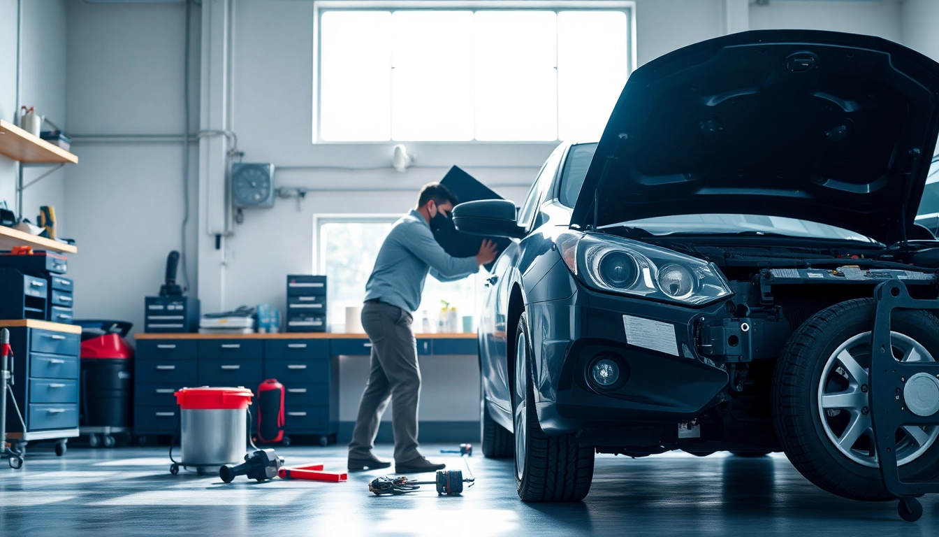 Motorschaden Ankauf: Mechanic assessing a damaged car in a bright garage.