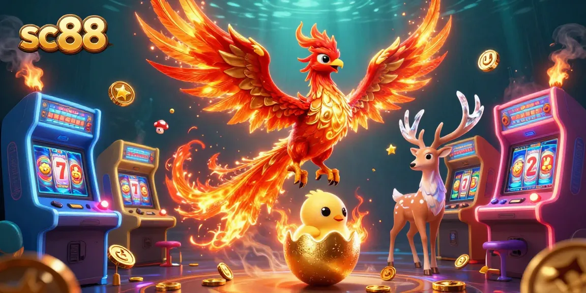 Win big at sc88 with exciting slot games and colorful arcade elements, featuring a phoenix scene.
