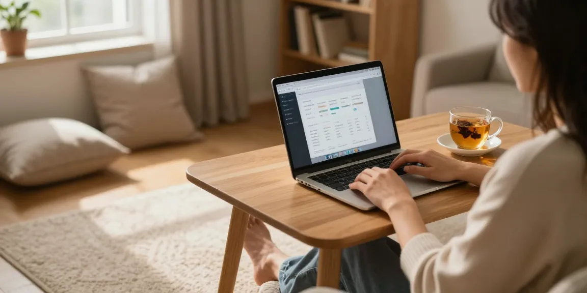Warmes und einladendes Home Office mit einem Heizteppich unter dem Schreibtisch, der den Komfort beim Arbeiten fördert.