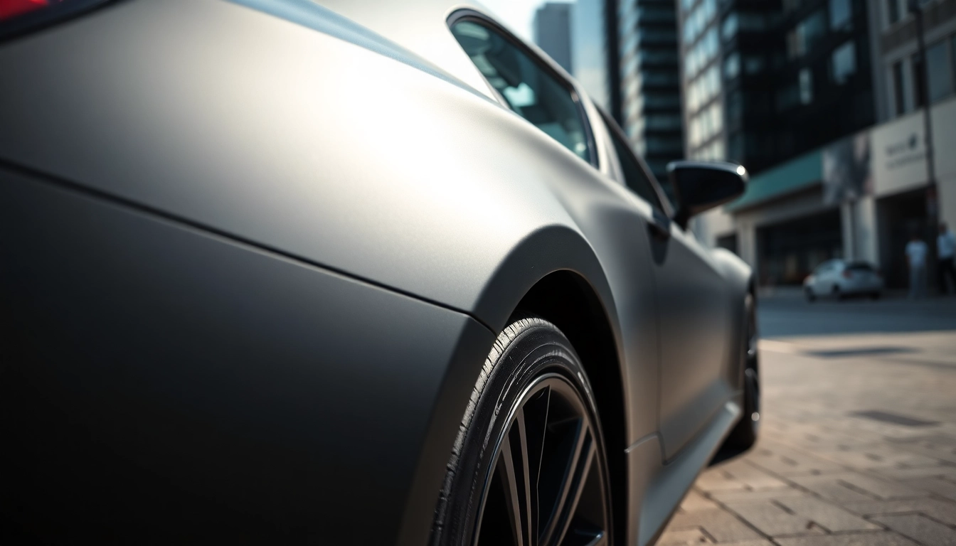 Die matt schwarze Folierung verleiht dem Fahrzeug eleganten Charme in urbaner Umgebung.