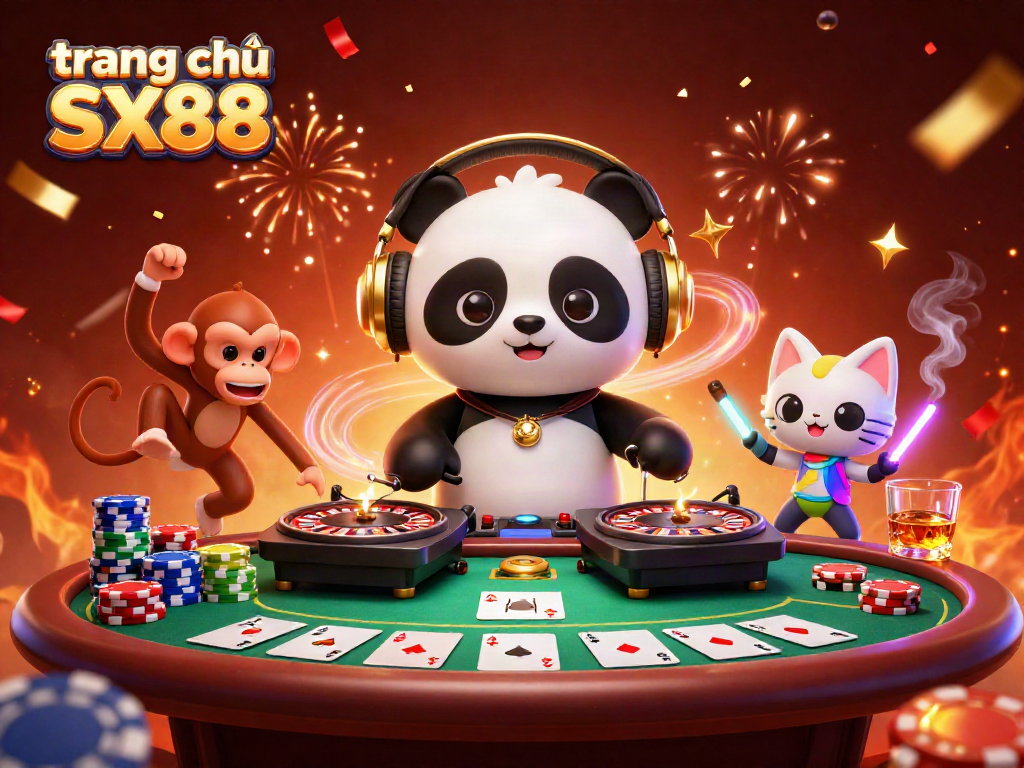 Experience excitement at trang chủ SX88 with a vibrant 3D casino illustration featuring dynamic characters and gaming elements.