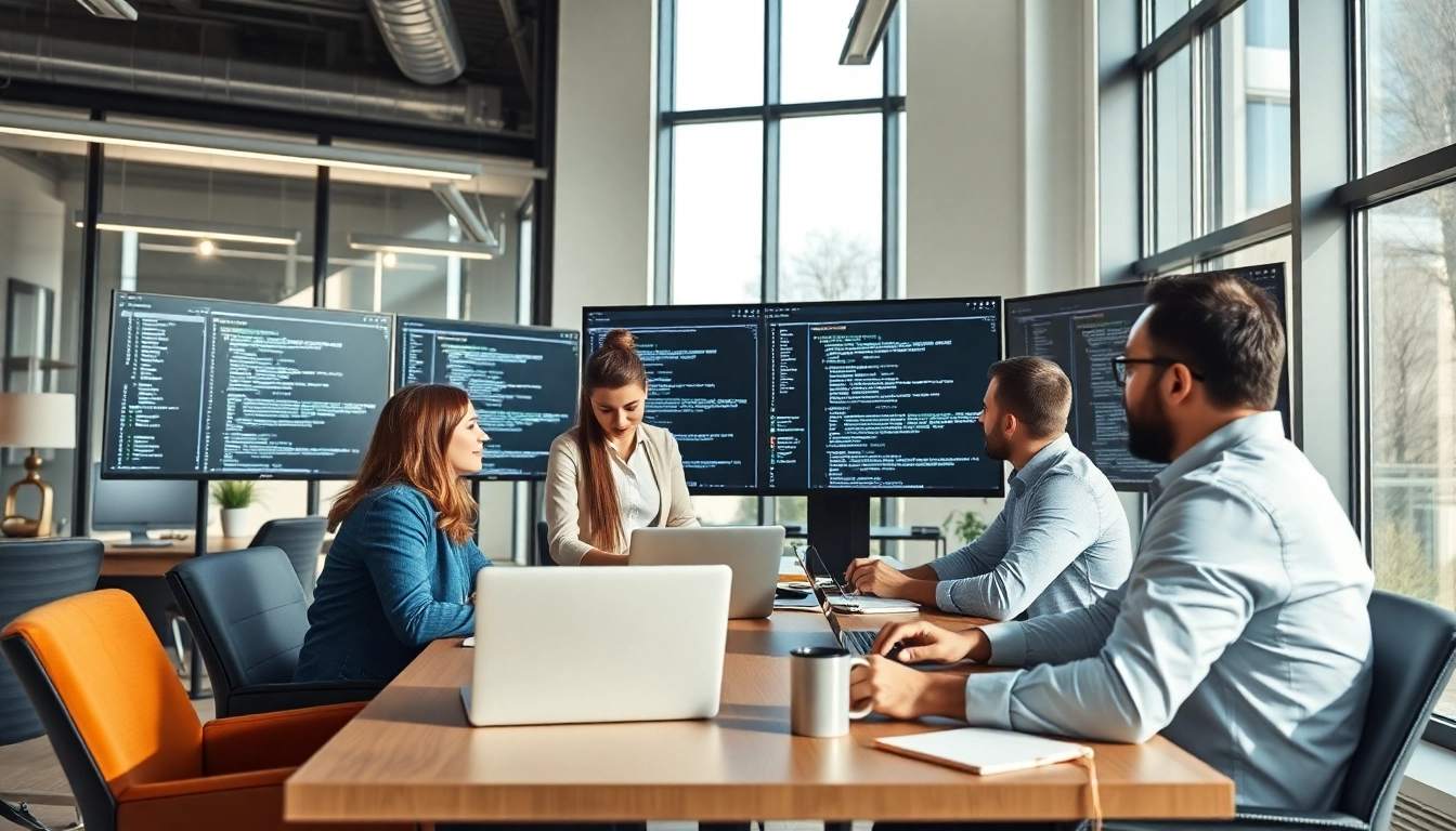 Effektive Software Entwicklung im Team mit Bildschirmen und Notizen in einem modernen Büro.
