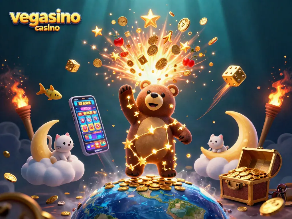 Experience the excitement of vegasino casino illustrated with a constellation bear and thrilling game elements.