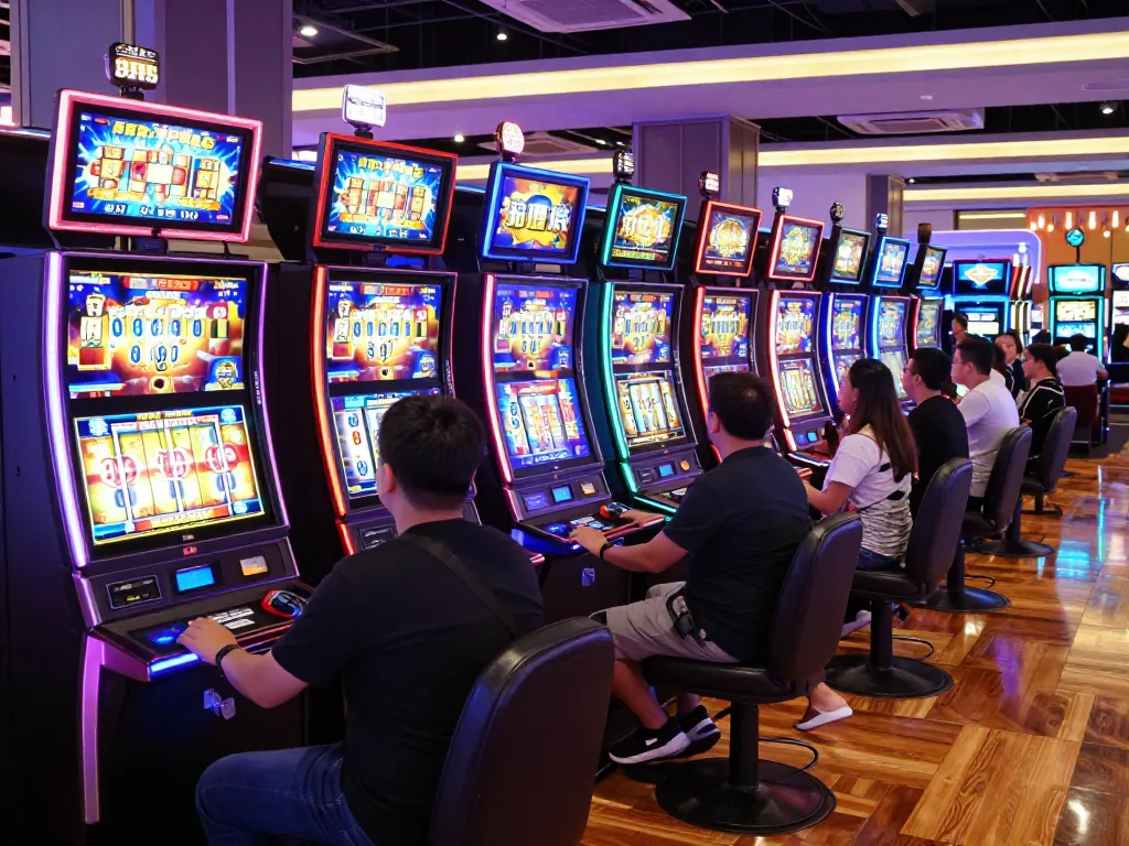 Players enjoying their spin on slot deposit 10000 machines in a vibrant casino atmosphere