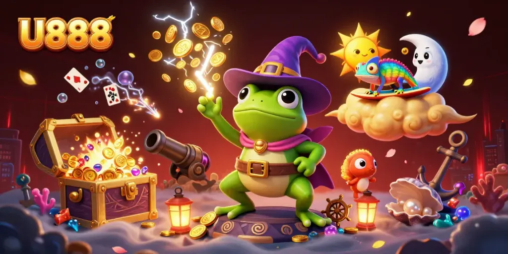 Experience U888's excitement with a storm of golden coins and vibrant gambling visuals in rich detail.