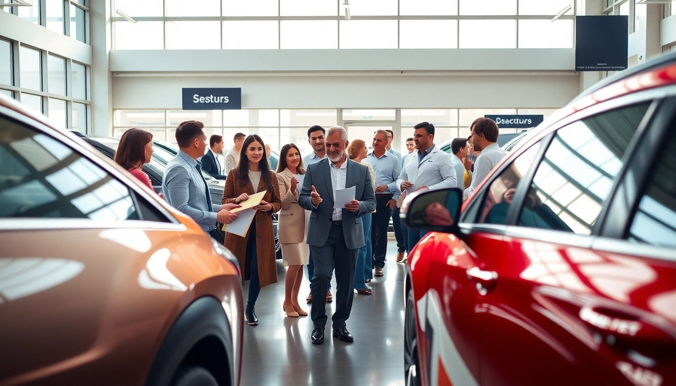 Auto kaufen: Kunden im modernen Autohaus bei der Fahrzeugbesichtigung