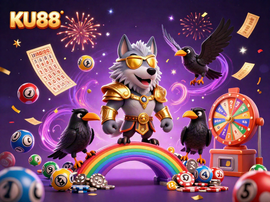 Experience the excitement of KU88 with a colorful casino-themed illustration featuring dynamic gaming elements and characters.