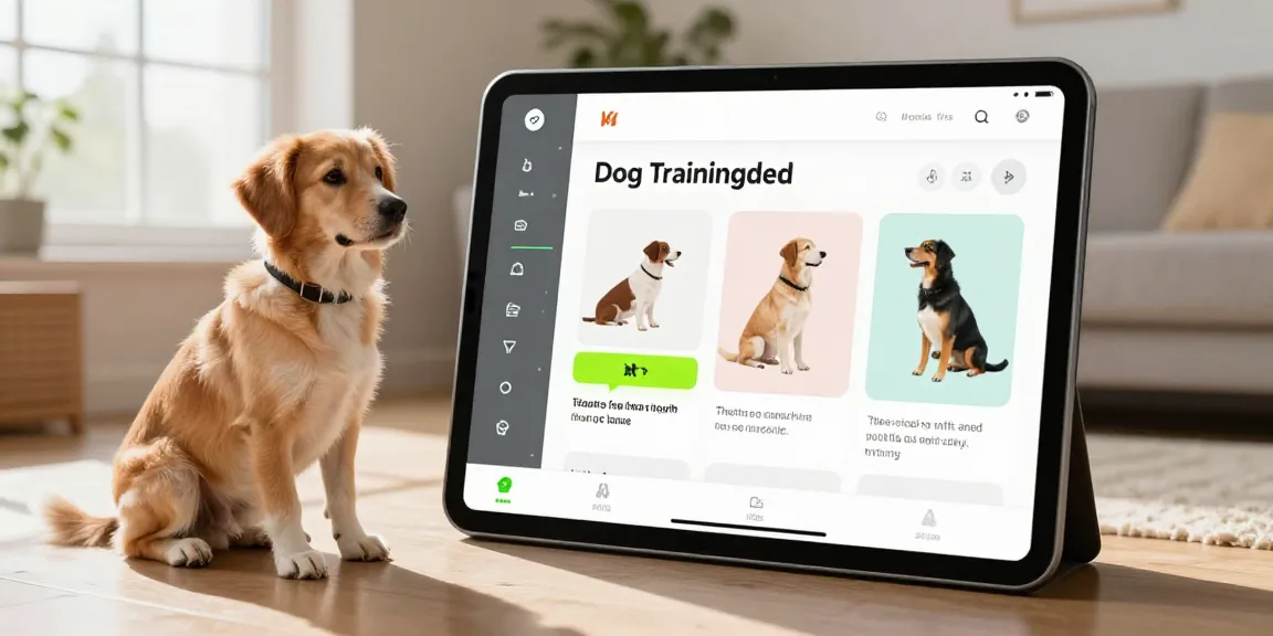 Hundetraining mit digitaler App auf modernem Tablet im Wohnzimmer, ein Video zeigt Schritt-für-Schritt-Anleitungen.