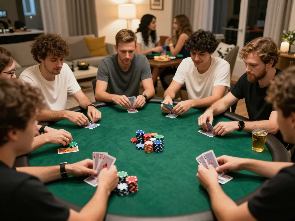 Friends enjoy competitive poker gameplay during a lively home poker night with mm88 chips in focus.