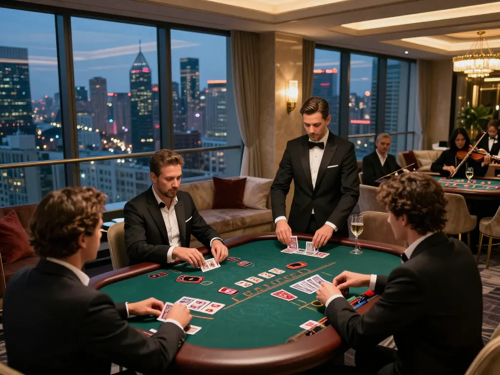Players enjoying a thrilling game of blackjack at SV368's elegant rooftop casino.