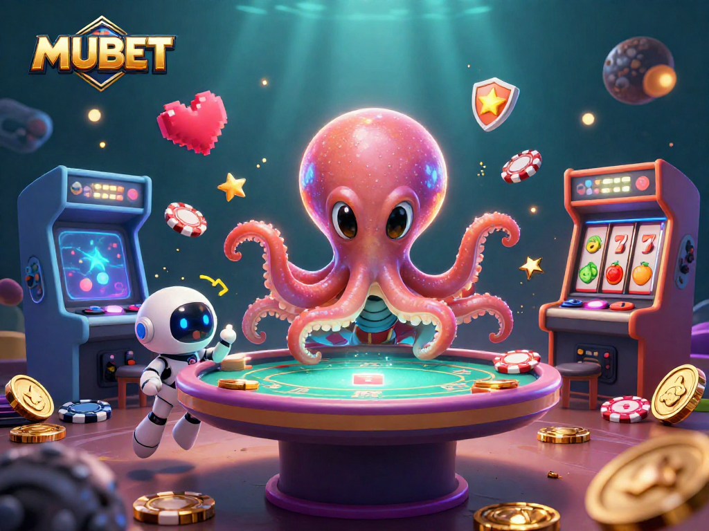 MUBET showcases an alien octopus running a vibrant poker scene filled with glowing arcade machines.