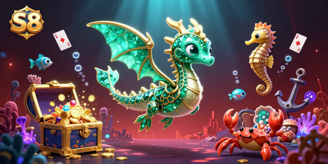 S8 offers engaging casino gameplay with an emerald sea dragon, showcasing treasure and excitement in a vibrant underwater scene.