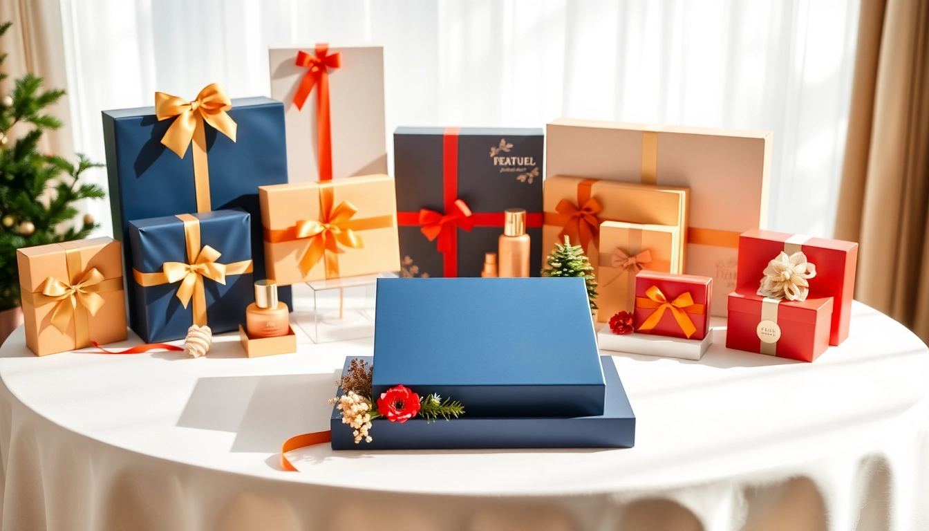 Schönes Geschenkset auf einem eleganten Tisch mit festlichen Akzenten dekoriert.