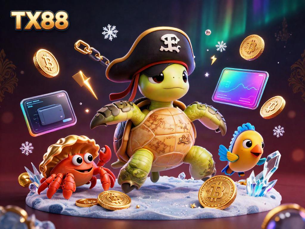 Join the action at TX88 with a pirate turtle and its friends surrounded by treasure and crypto.
