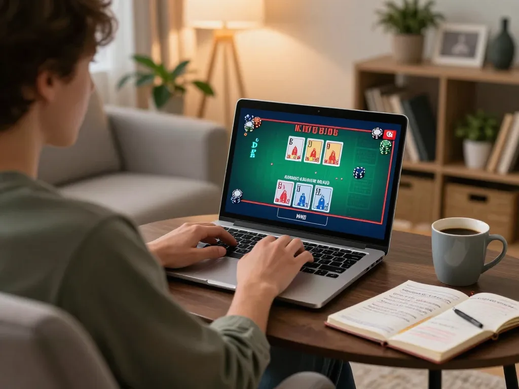Engaged player using a laptop for uu88 online blackjack in a cozy home setting