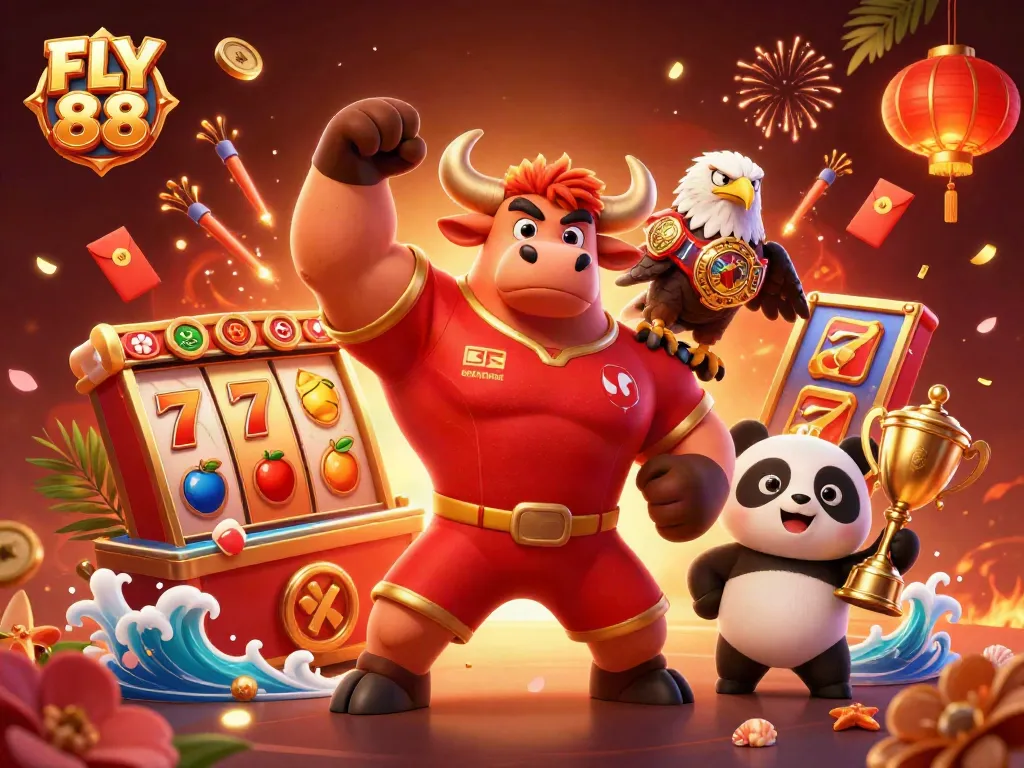 FLY 88 showcases a vibrant 3D casino scene with characters celebrating big wins amidst dynamic slot game elements.