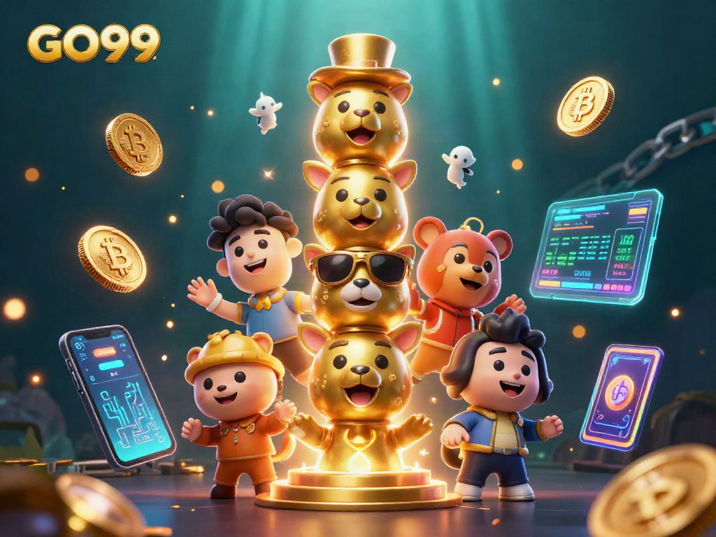 Engage with GO99 through a vibrant casino-themed 3D illustration showcasing animated fun.