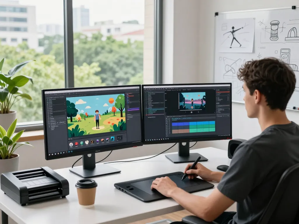 Free motion control workspace where a digital artist creates AI videos at dual monitors in a bright creative environment.
