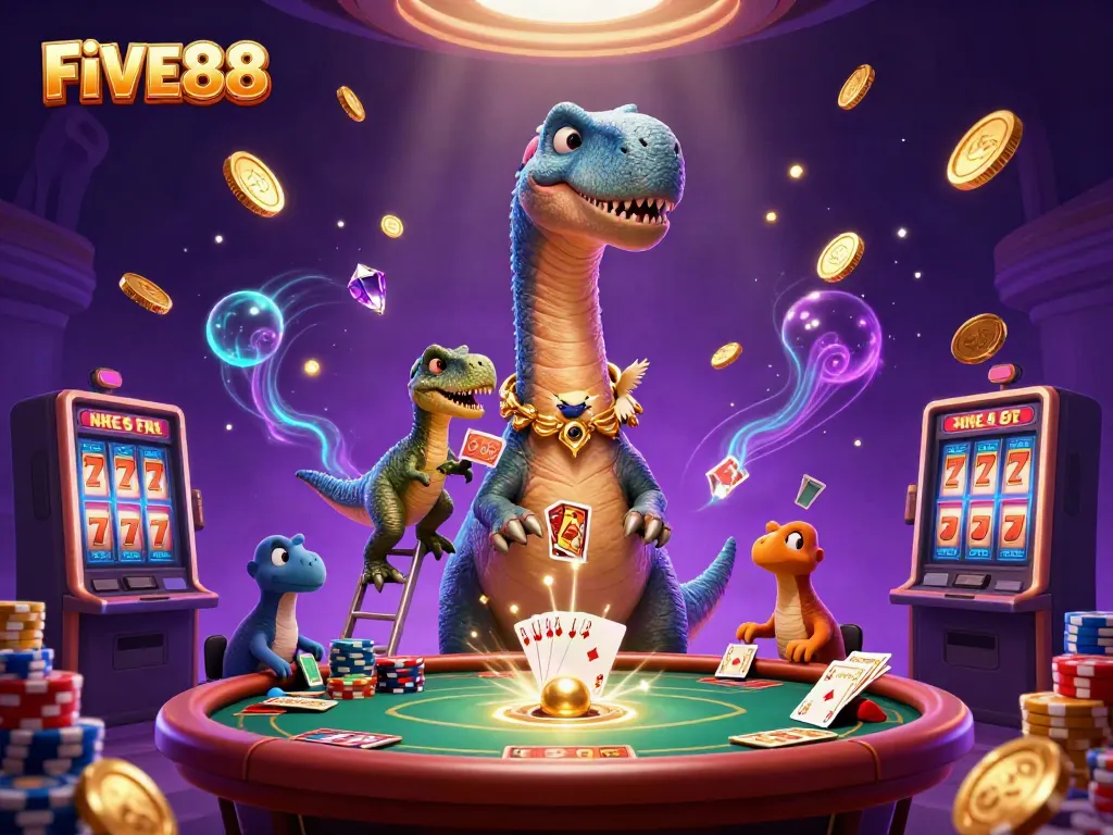 Experience thrilling moments at FIVE88 with vibrant 3D casino characters and dynamic game elements.