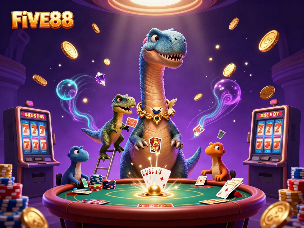 Experience thrilling moments at FIVE88 with vibrant 3D casino characters and dynamic game elements.