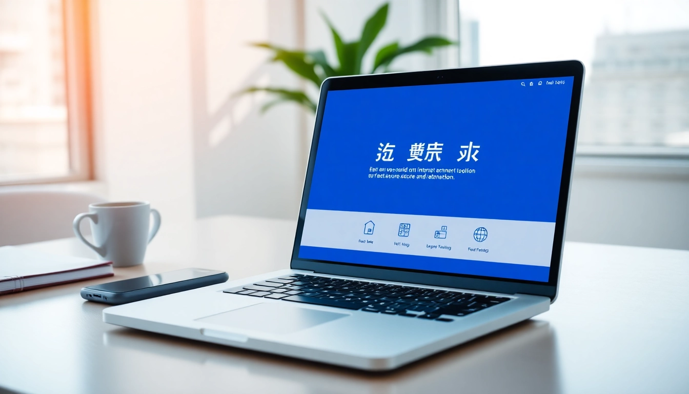 在现代工作区的笔记本电脑上显示的快连官网,象征安全网络解决方案。