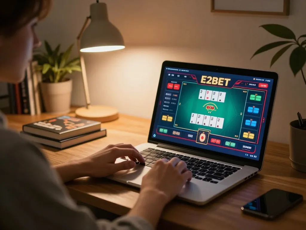 E2BET chính chủ online gaming setup showing engaging poker action on screen for responsible entertainment.