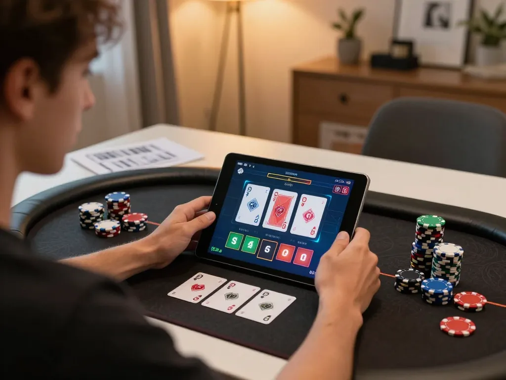 Experience online gaming with nhà cái mb66, a player engaged in a poker match on a tablet.