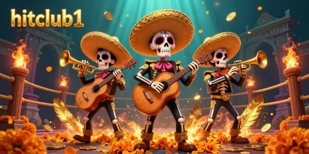 Join the action at hitclub1 with a Day of the Dead mariachi band amid golden coins and vibrant casino elements.