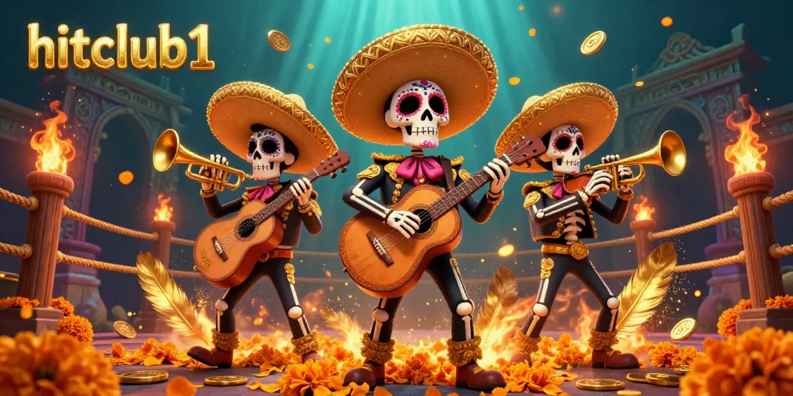 Join the action at hitclub1 with a Day of the Dead mariachi band amid golden coins and vibrant casino elements.