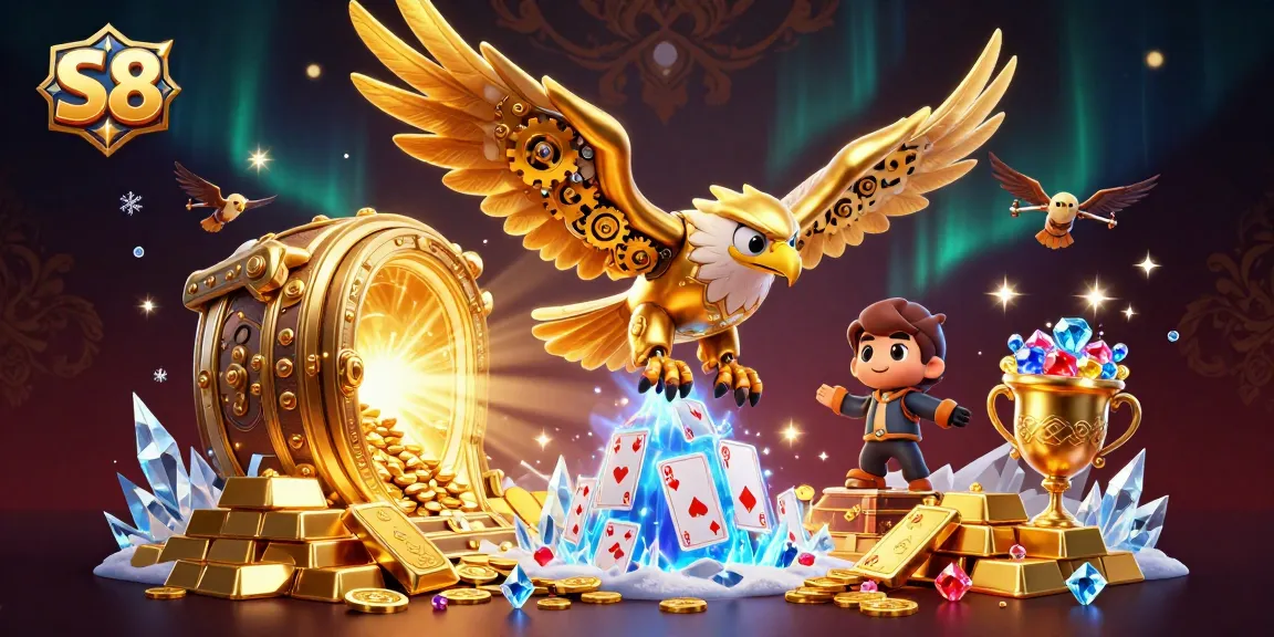 S8 offers high-stakes action with a captivating scene of a cybernetic eagle soaring through holographic playing cards.