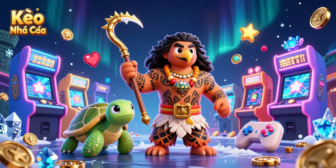 Kèo Nhà Cái offers thrilling sports betting elements with a dynamic 3D casino scene showcasing vibrant characters and gaming accessories.