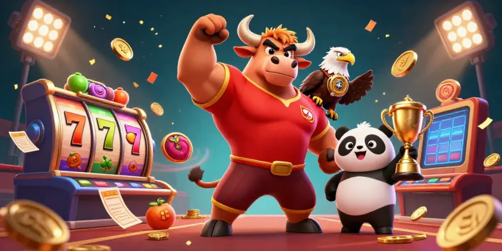 Engage with the thrilling casino atmosphere of bm88, featuring a bull mascot winning big with friends.
