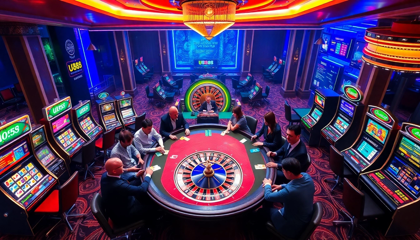 Players experiencing the excitement of poker at U888 casino with vibrant slot machines in the background.
