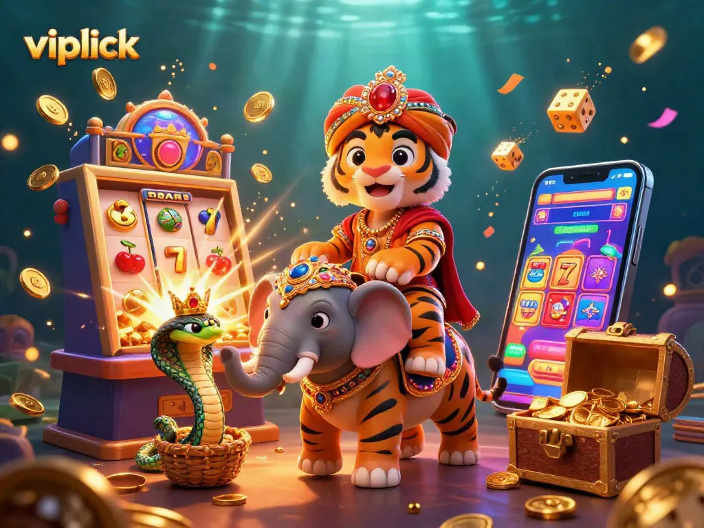 Spin and win with vipluck in a vibrant 3D casino scene featuring colorful games and rich rewards.