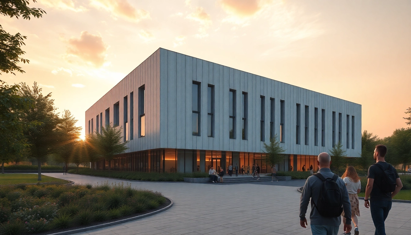 Visualisierung architektur eines modernen Gebäudes, die die Details und umgebende Landschaft zeigt.