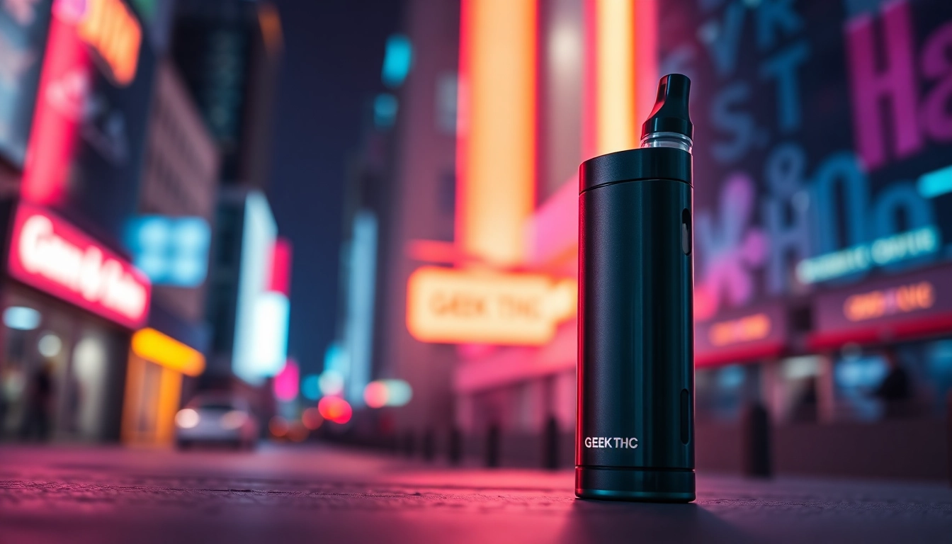 GEEK THC disposable vape showcasing its sleek design and unique branding among vibrant urban lights.