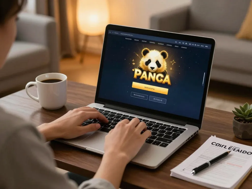 Verwendung des Golden Panda Logins auf einem Laptop für Online-Casino-Spiele in einem gemütlichen Zuhause.
