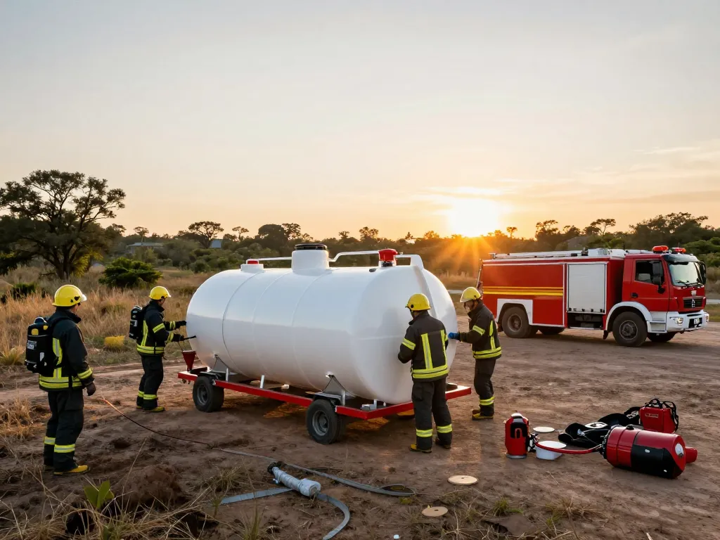 Bereitstellung einer Löschwasserzisterne für Gewerbegebiet in einem abgelegenen Industriegebiet während einer Brandschutzübung.