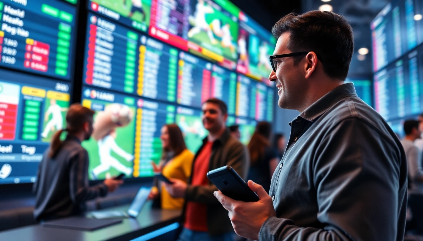 Enthusiastische Menschen genießen Wetten ohne Limit in einer modernen Wettlounge mit großen Bildschirmen.