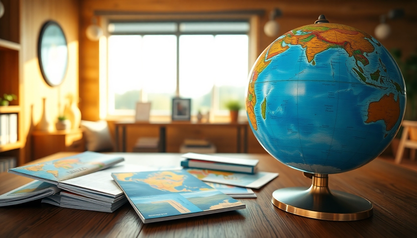 Reiseinformationen mit einem Globus und Reiseführern auf einem Tisch erfassen die Vorfreude auf das Reisen.