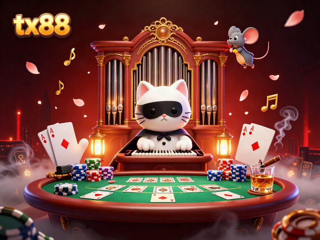 Experience the energetic world of tx88 with a whimsical casino scene featuring a masked cat and mouse acrobat amidst vibrant game elements.
