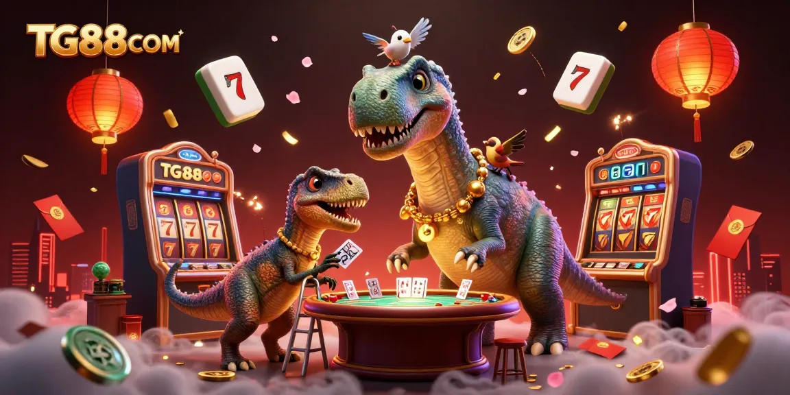 Experience thrilling gameplay at TG88COM with a giant brontosaurus overseeing a vibrant casino scene.