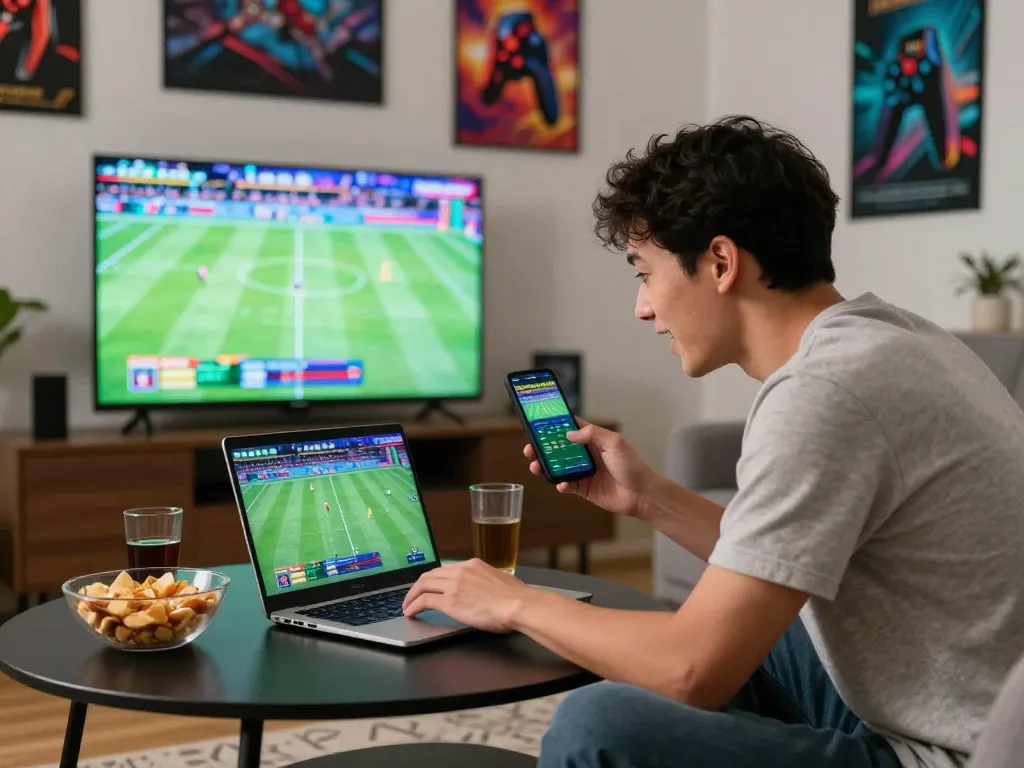 Excited young man using zbet to place bets on sports in a modern living room.